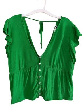 Lush Green V-Neck Button Front Blouse with Tie Back Size L
